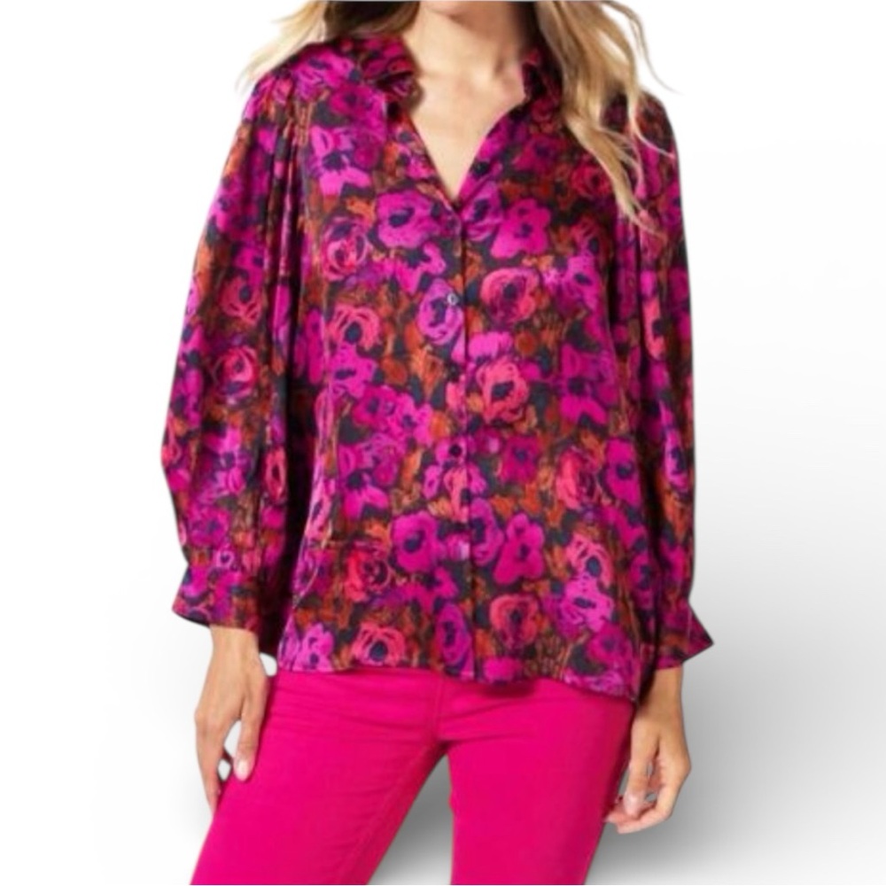 Esqualo Satin Floral Blouse Magenta Pink Coral Size 8